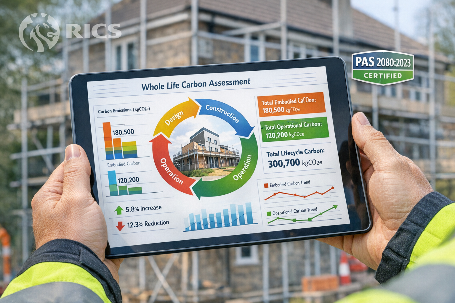 Detailed () image showing close-up of professional surveyor's hands holding tablet displaying whole life carbon assessment