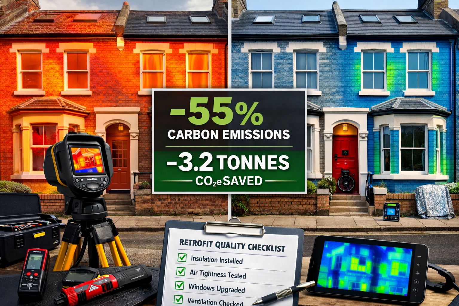 Detailed () image depicting side-by-side comparison of two Victorian terraced houses in London: left side shows pre-retrofit