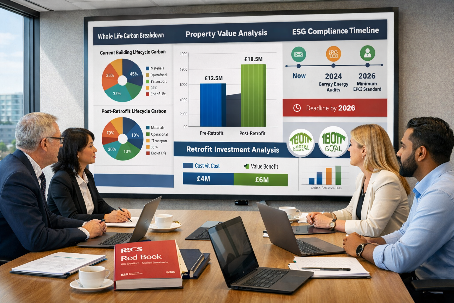 Detailed () image showing modern office meeting scene with diverse team of RICS chartered surveyors and property