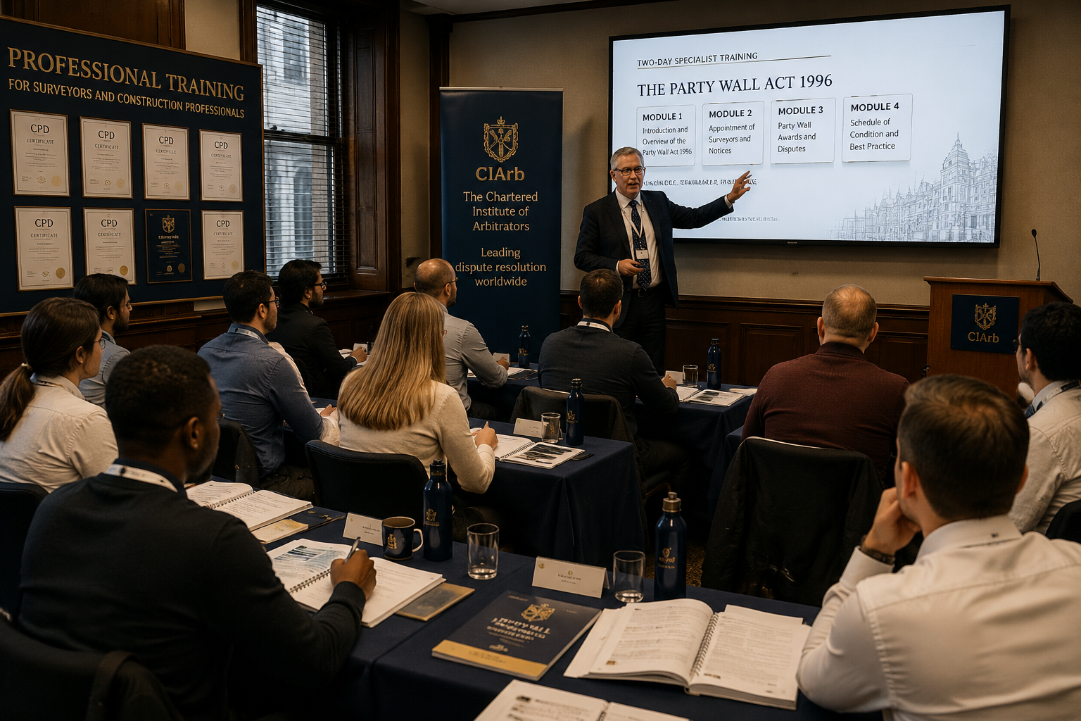 Wide-angle editorial photograph of a professional two-day party wall surveyor training workshop at The Chartered Institute