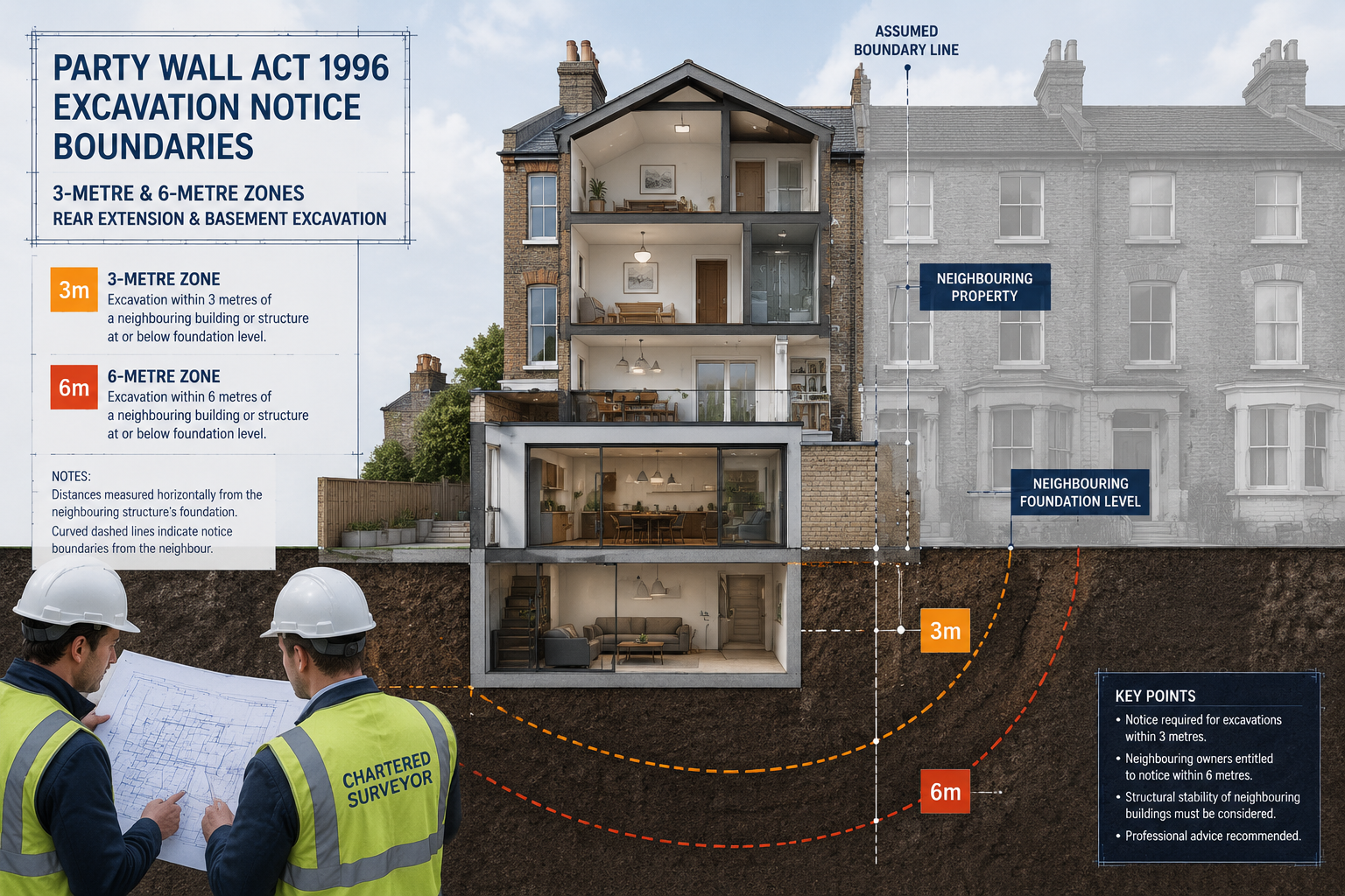 Detailed () editorial illustration showing a cross-section diagram of a terraced London house with a rear extension and