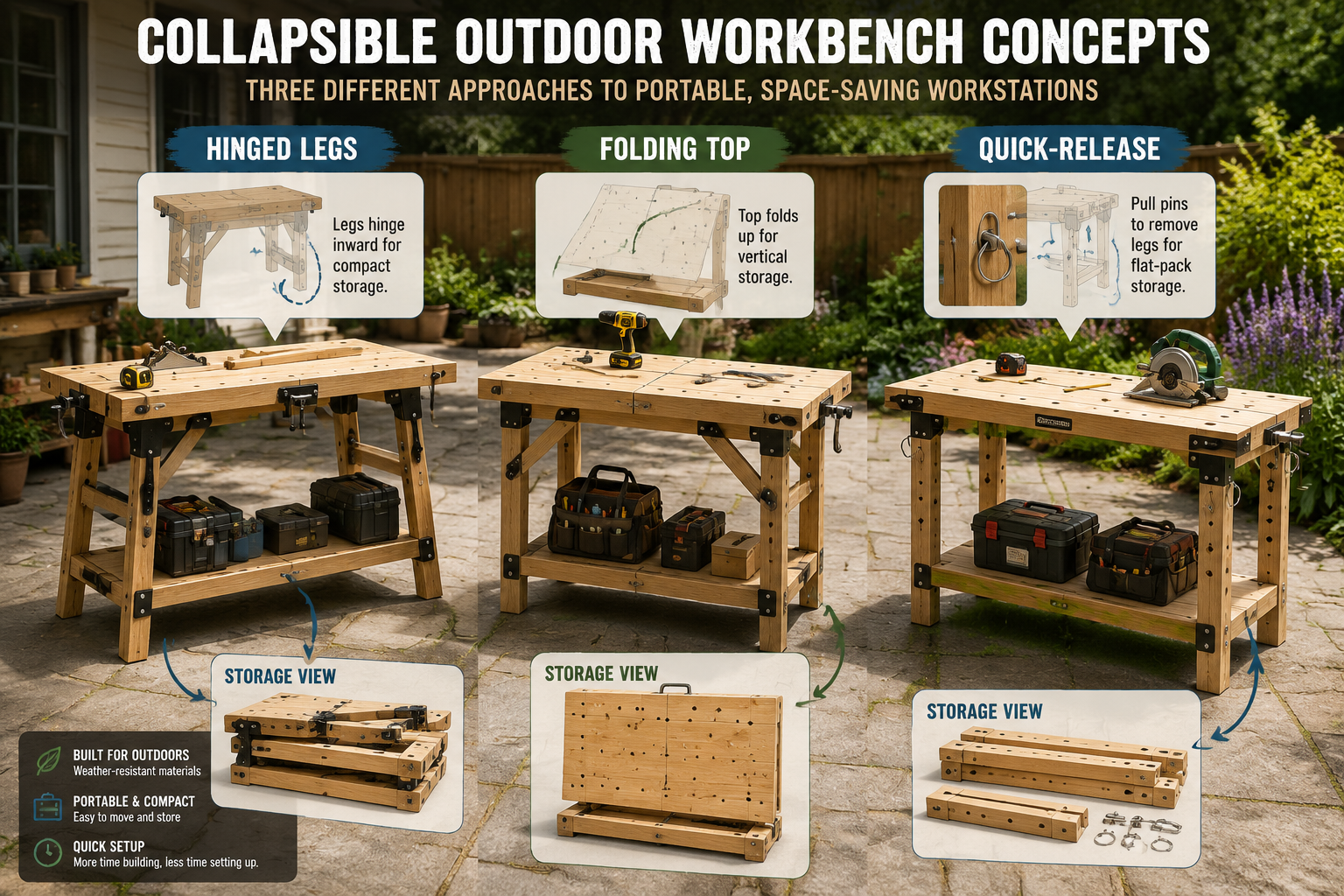 A detailed, wide-angle landscape shot () illustrating various design concepts for a collapsible outdoor workbench. The image