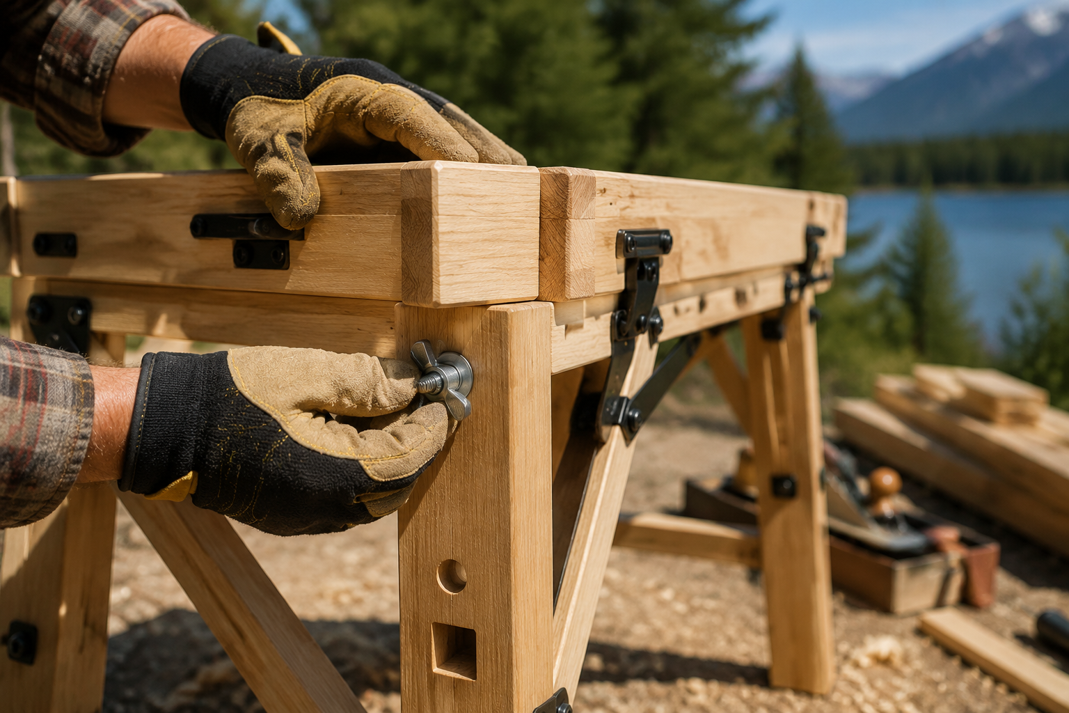 A close-up, action-oriented landscape shot () demonstrating the assembly process of a collapsible outdoor workbench. A pair