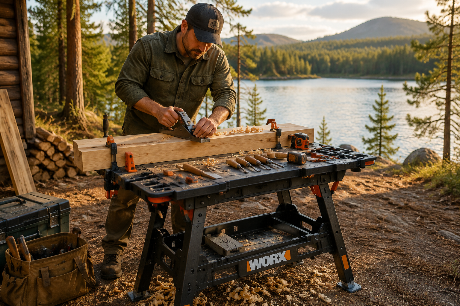 An engaging image () showcasing a fully set up collapsible outdoor workbench in use for an on-site woodworking project. The
