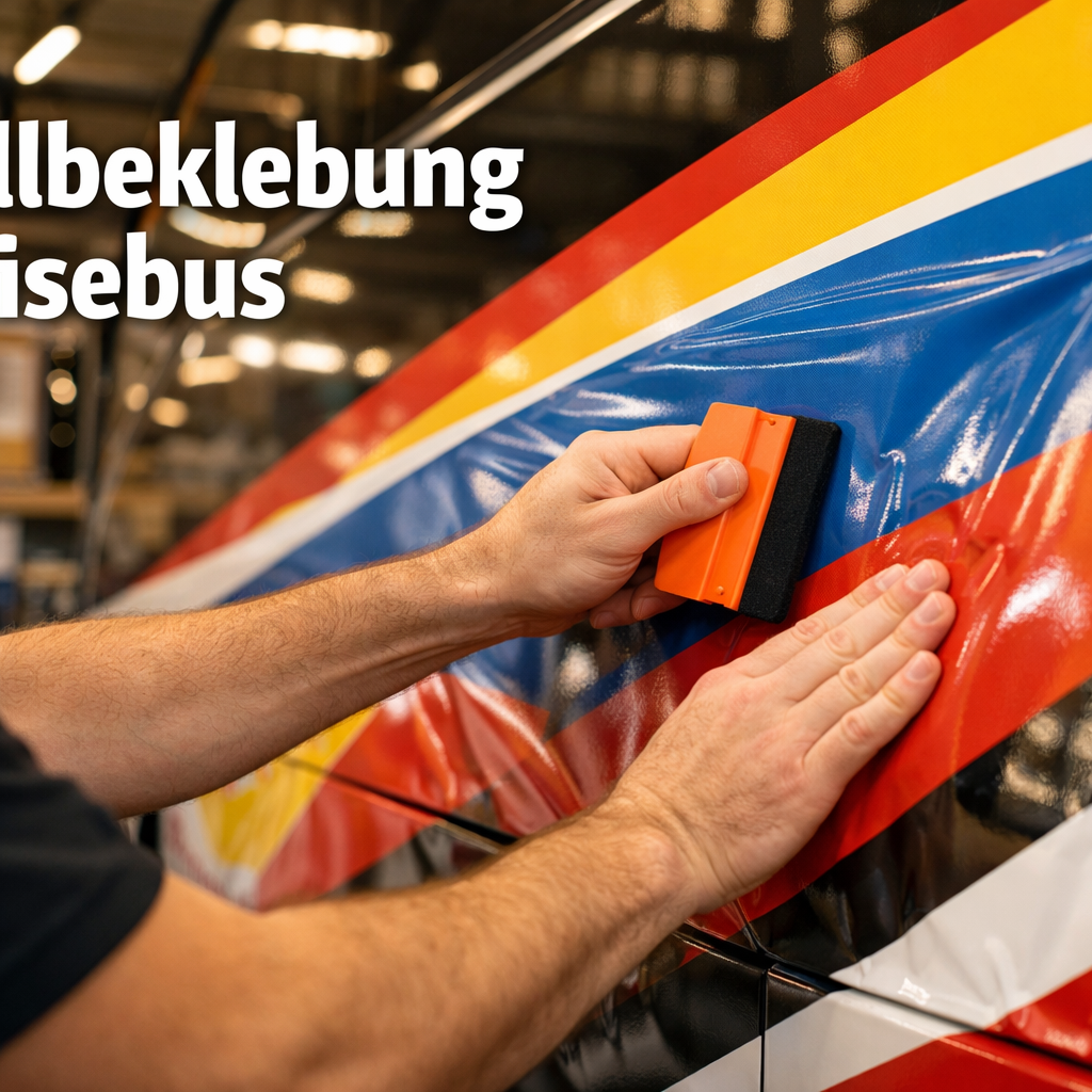 Detailed () image showing a professional foil technician applying large-format vinyl wrap to the side panel of a touring