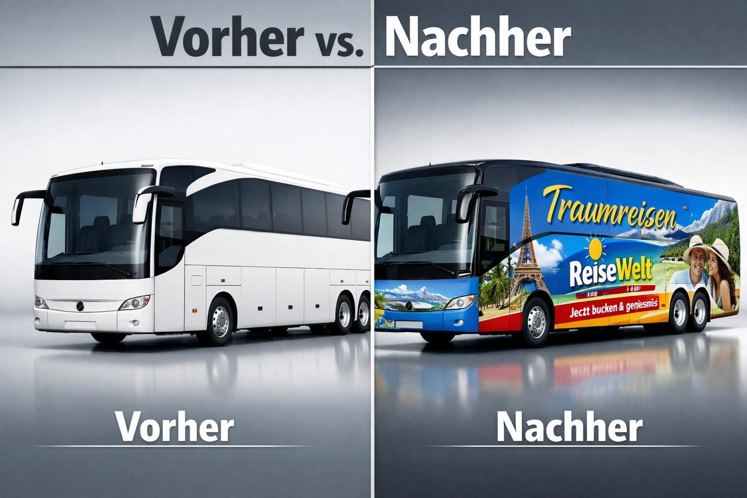 Detailed () image showing a side-by-side comparison split-panel visual: left side shows a plain white touring coach, right