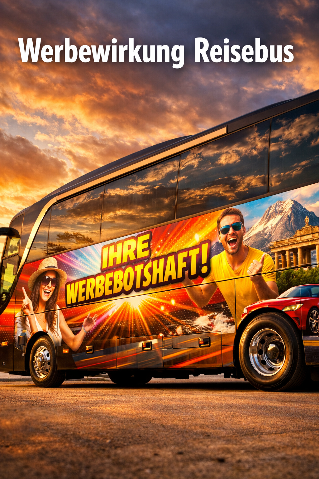 Detailed () image showing a touring coach parked outdoors with a full panoramic wrap featuring advertising graphics,