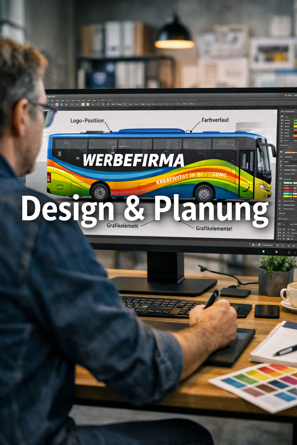 Detailed () image showing a professional designer at a large-format monitor reviewing a digital mockup of a bus wrap design