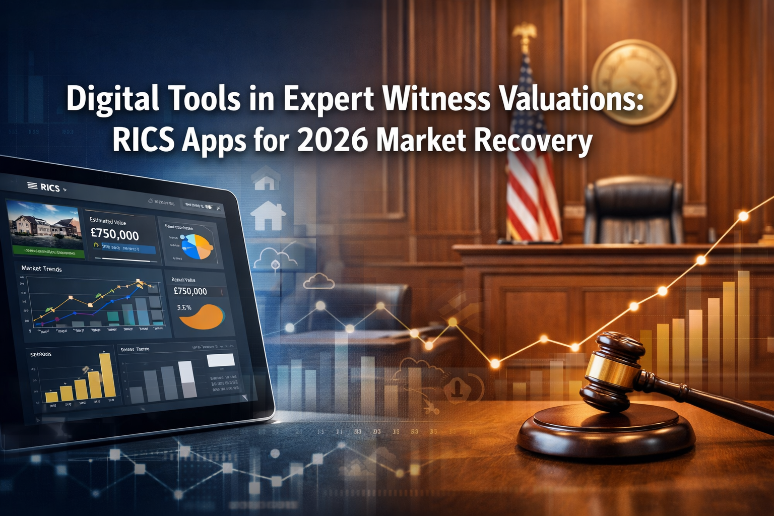 Professional () hero image featuring 'Digital Tools in Expert Witness Valuations: RICS Apps for 2026 Market Recovery' in