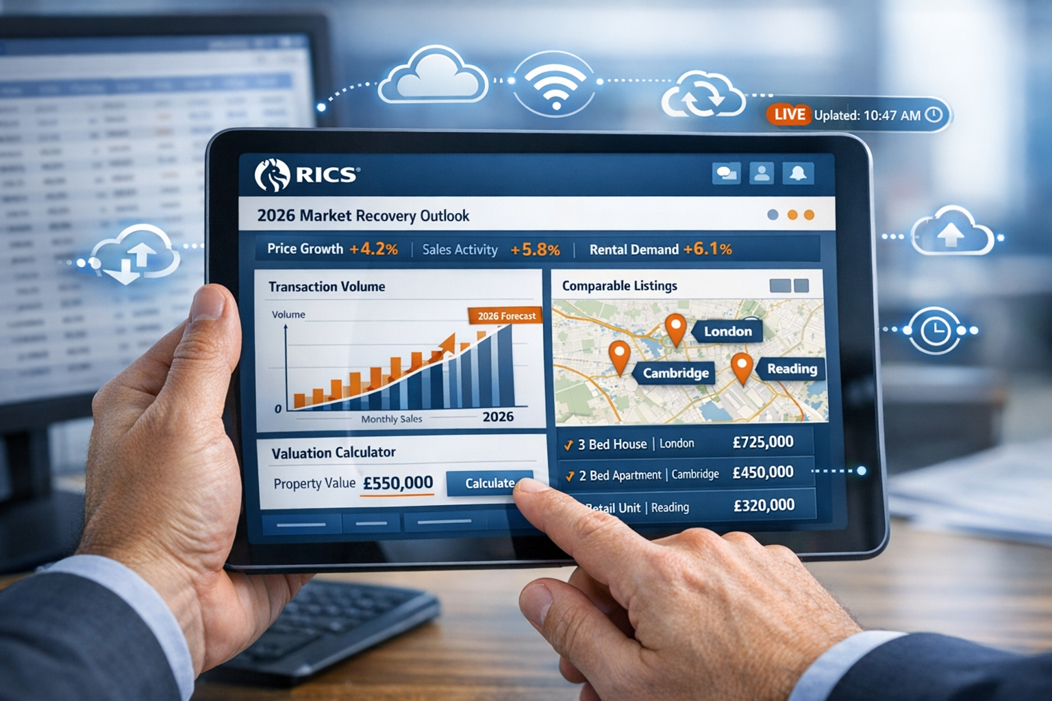 Detailed () image showing close-up of professional surveyor's hands holding modern tablet device displaying RICS-branded