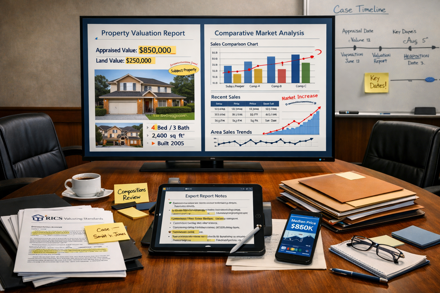 Wide-angle () image depicting professional courtroom preparation scene with expert witness materials spread across
