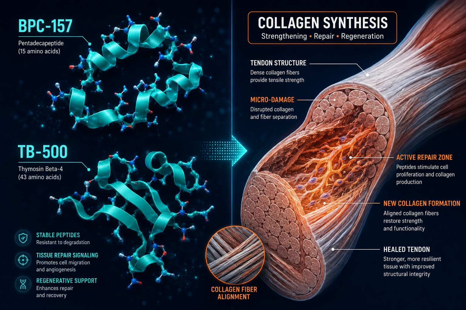 Detailed () scientific illustration showing a split-panel composition: left side displays a 3D molecular ribbon diagram of