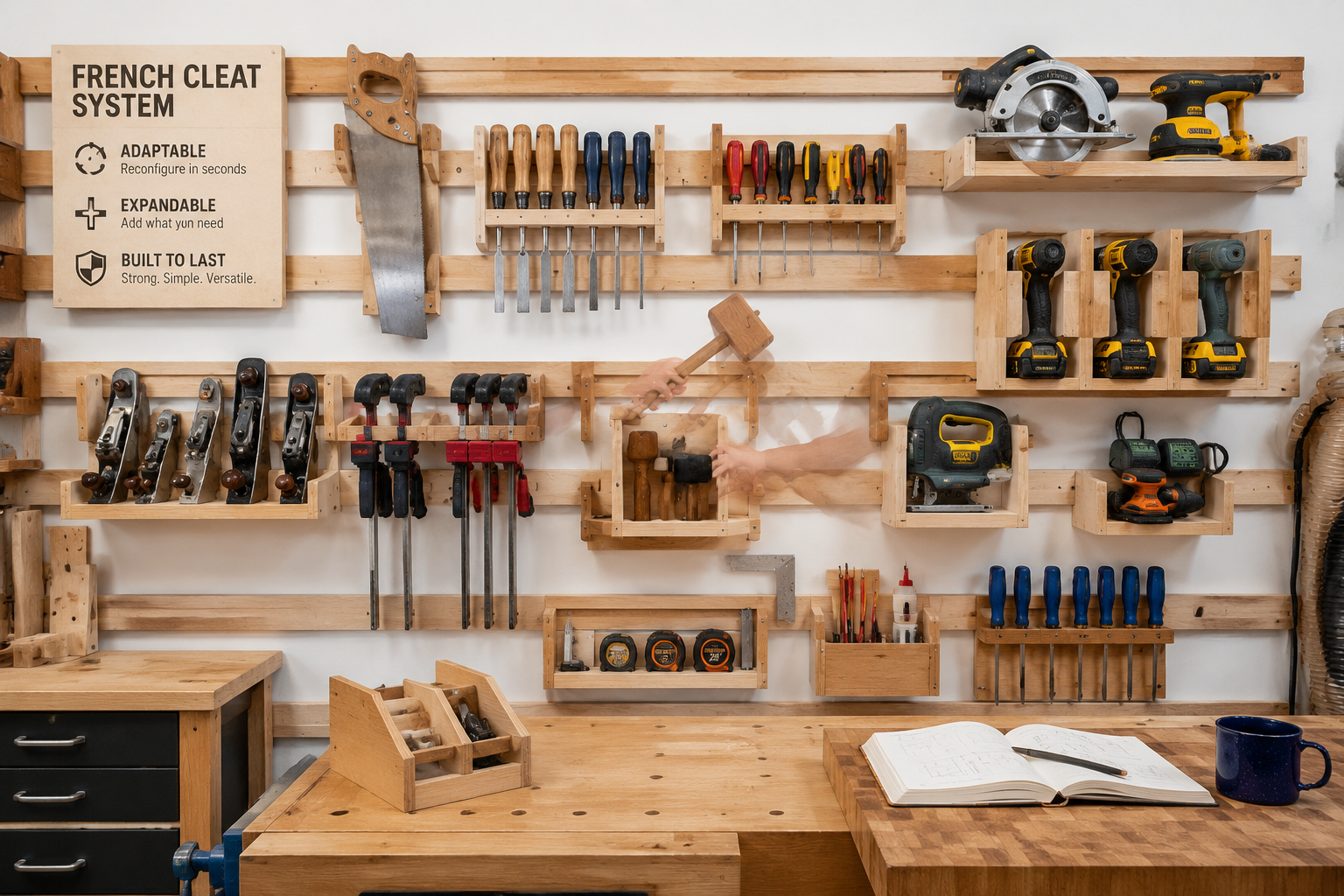 Detailed () image showcasing a diverse French cleat system in a workshop setting. The cleat wall should be meticulously