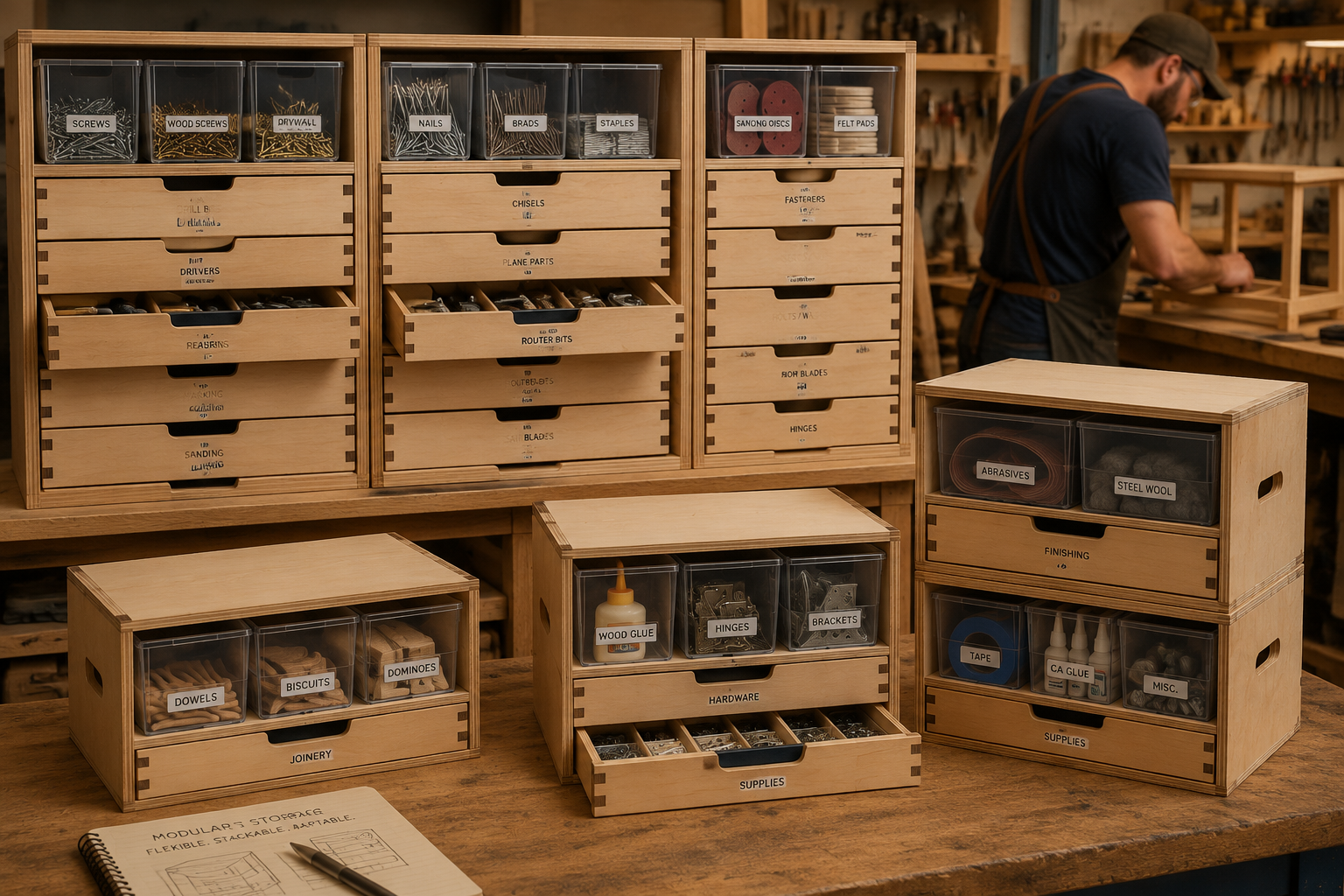 A detailed () image illustrating a set of custom-built, stackable wooden drawer units and bins designed for a workshop. The