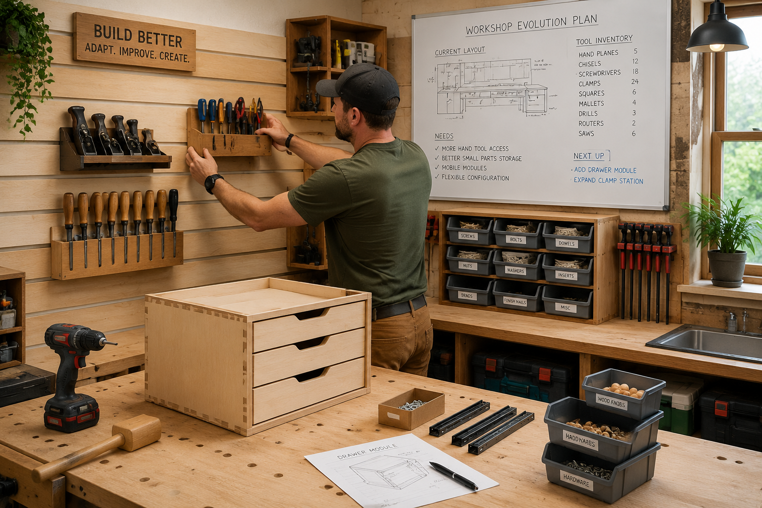 An engaging () image depicting the process of reconfiguring a modular workshop storage system. The scene shows a woodworker
