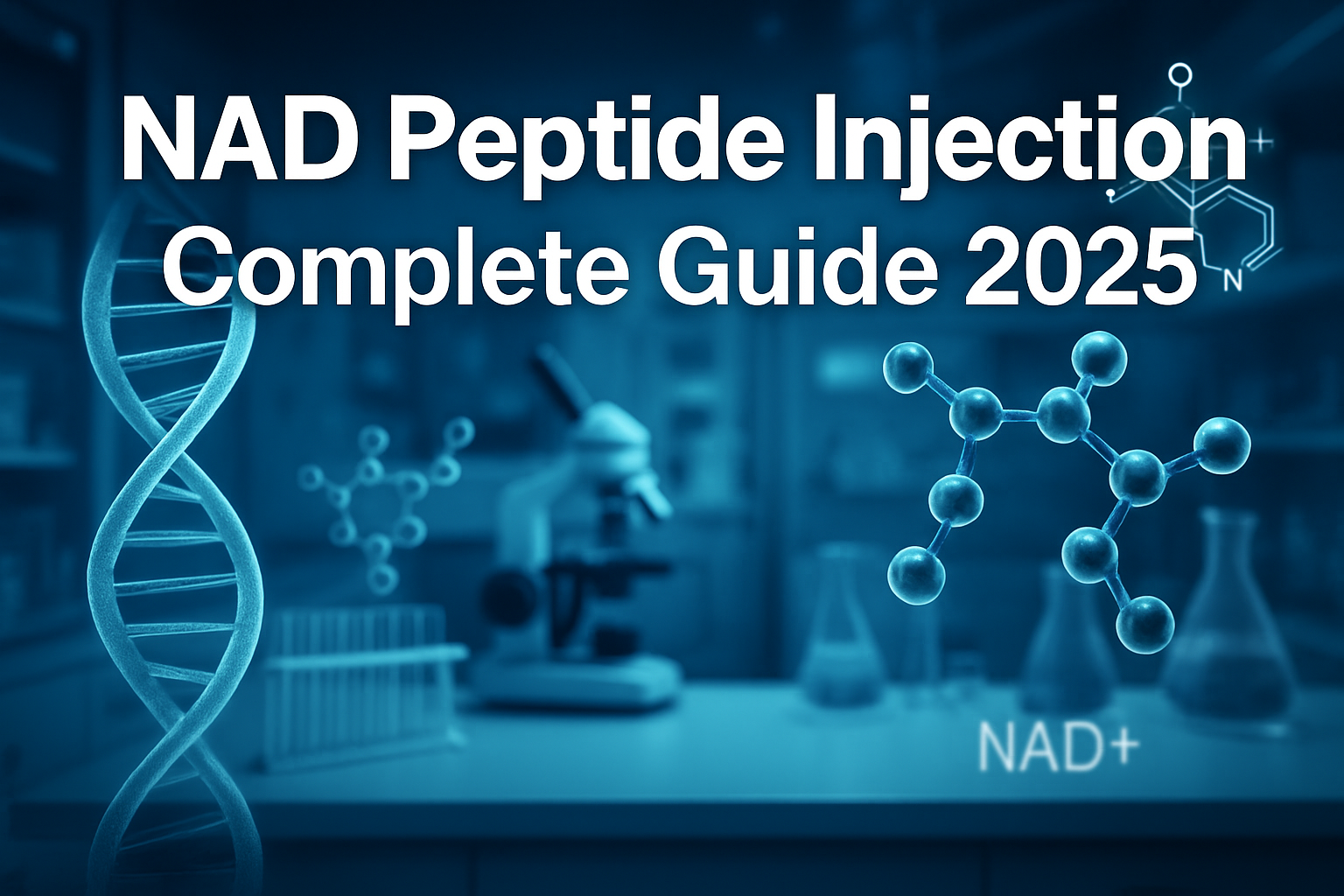 Professional landscape hero image (1536x1024) featuring bold text overlay 'NAD Peptide Injection: Complete Guide 2025' in extra large 70pt w