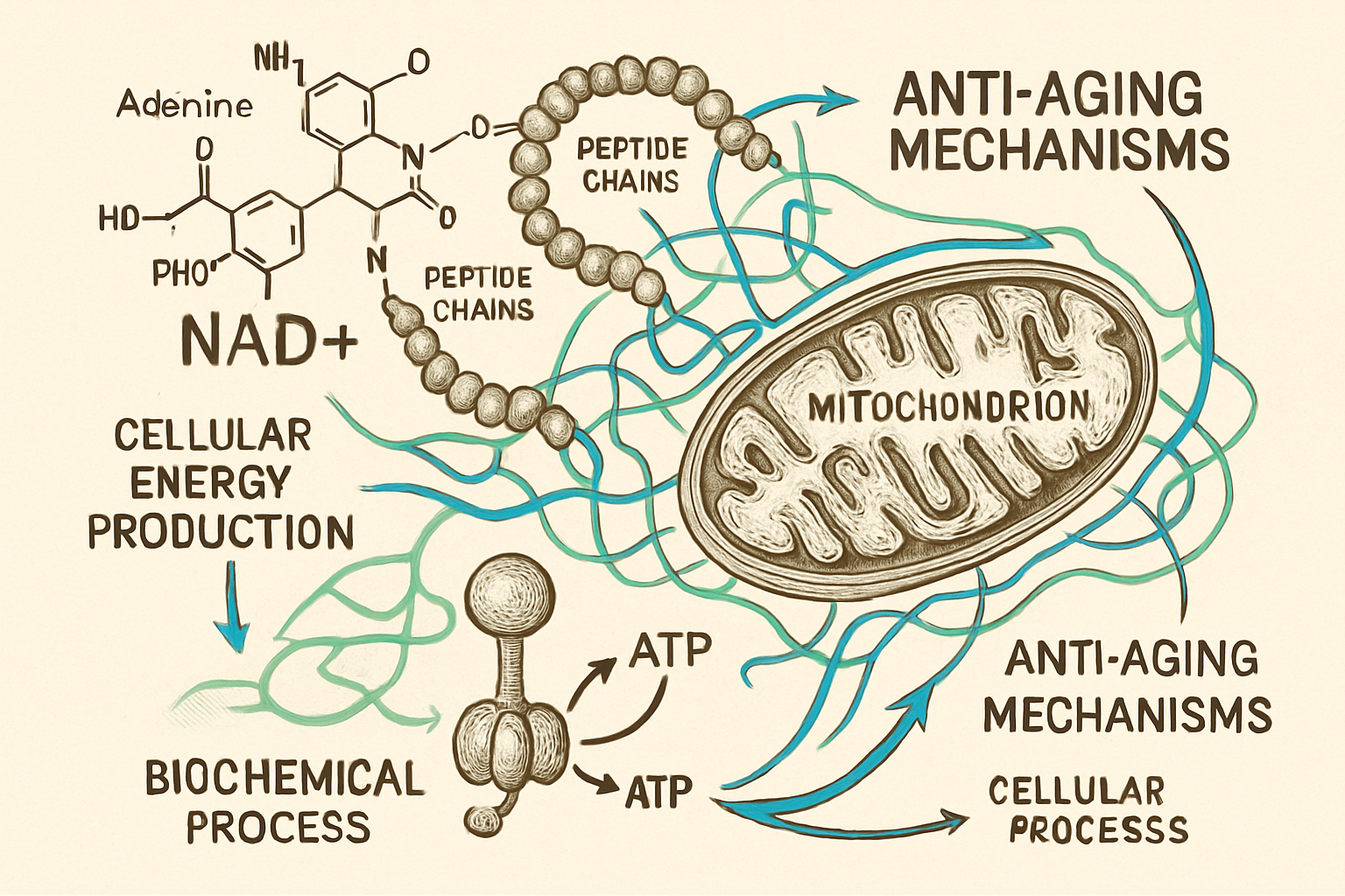 Scientific illustration showing NAD+ molecular structure with peptide chains connecting to cellular mitochondria, detailed biochemical pathw