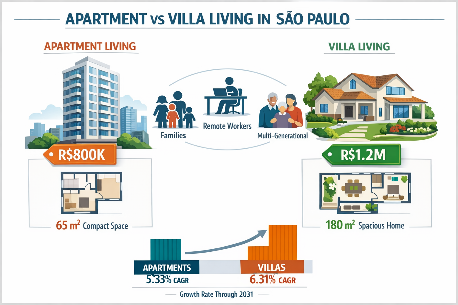 Landscape format (1536x1024) detailed infographic showing side-by-side comparison of apartment versus villa living in São Paulo. Left side d