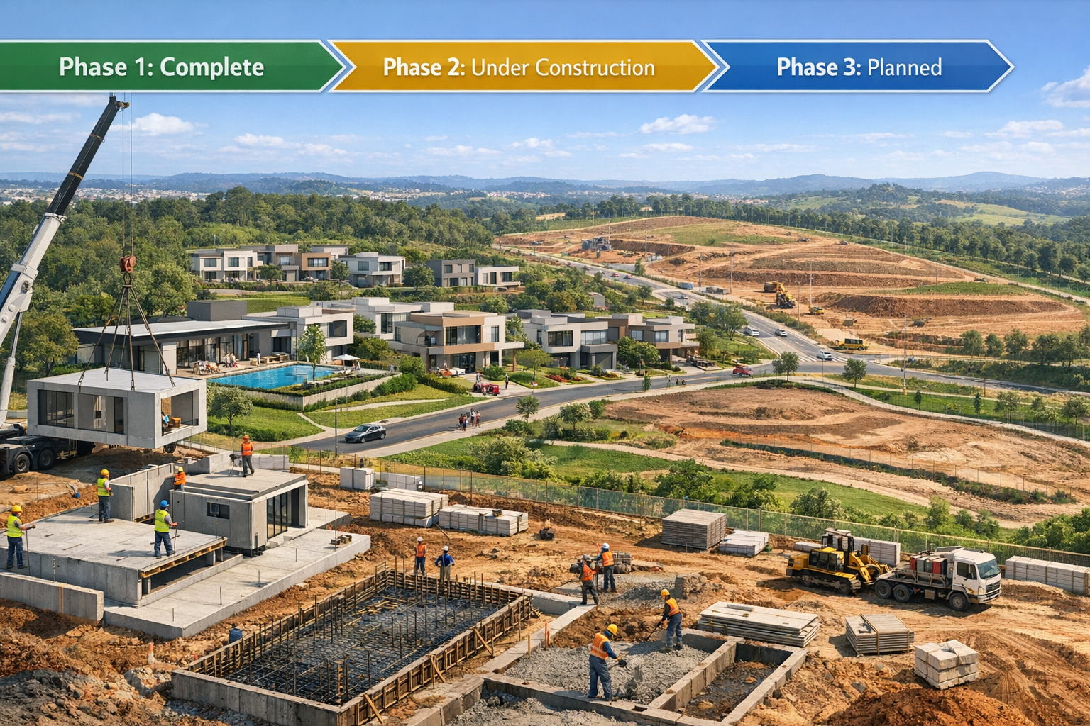 Landscape format (1536x1024) architectural rendering showing phased master-planned villa development in suburban São Paulo. Foreground displ