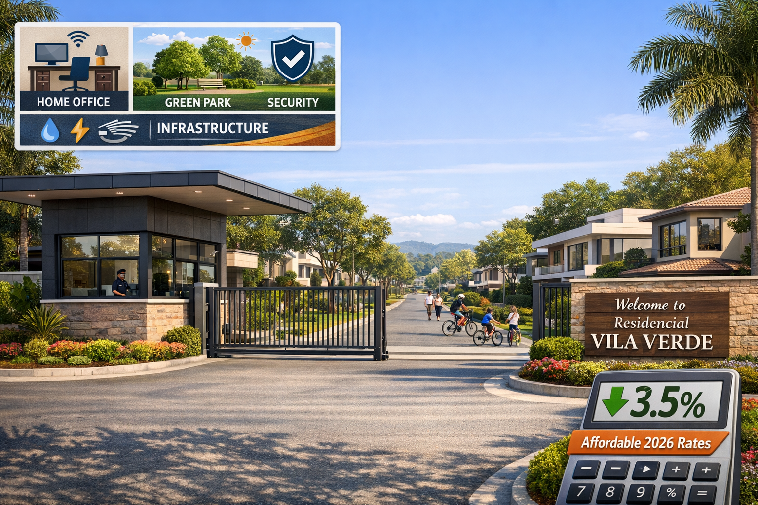 Landscape format (1536x1024) professional composite image showing gated community entrance with modern security gate, guardhouse, and 'Welco