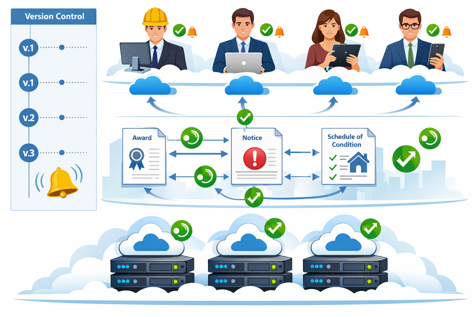 () detailed illustration showing cloud platform architecture for party wall documentation with three distinct layers: bottom