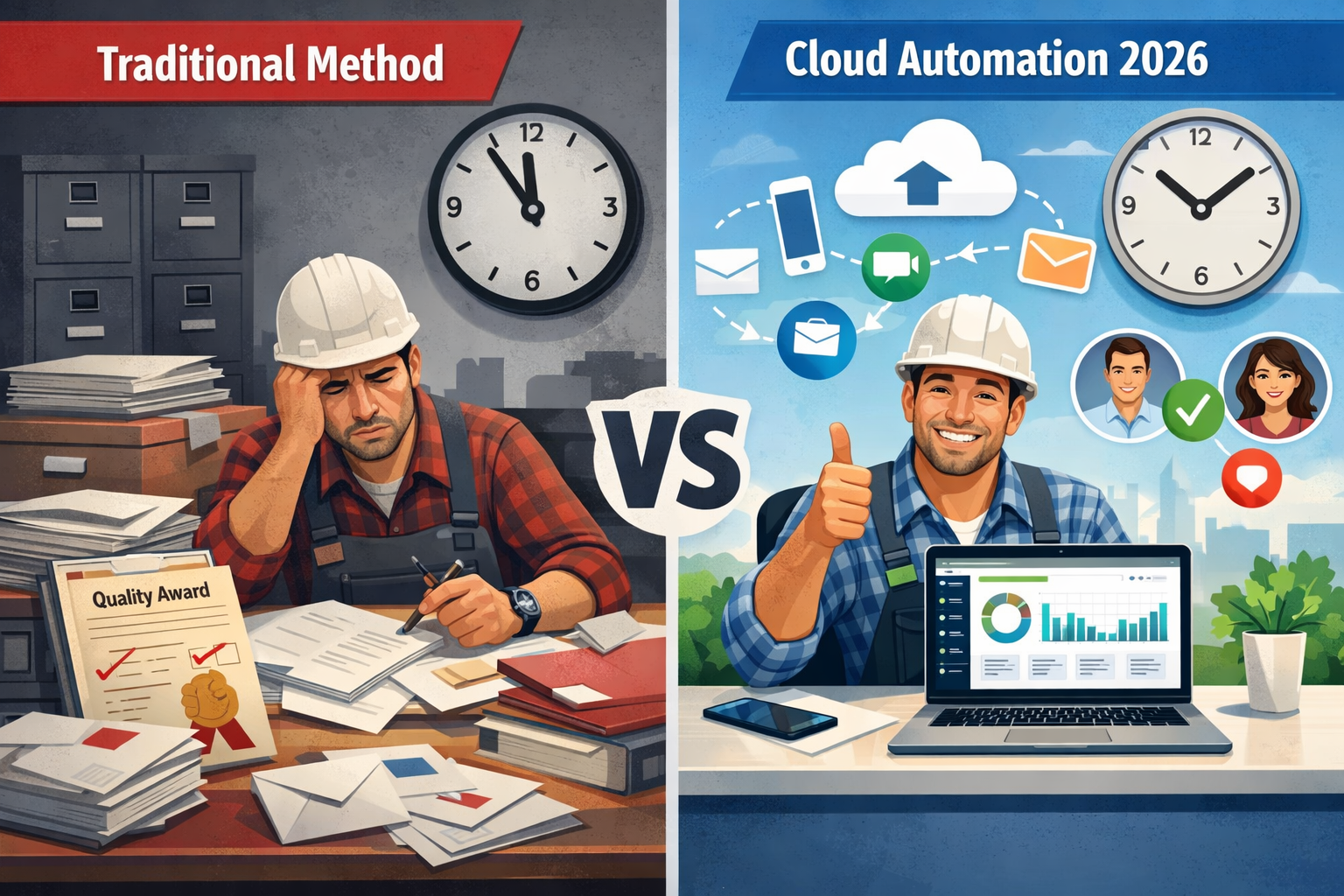 () split-screen comparison visualization showing 'Before vs After' automation implementation. Left side labeled 'Traditional