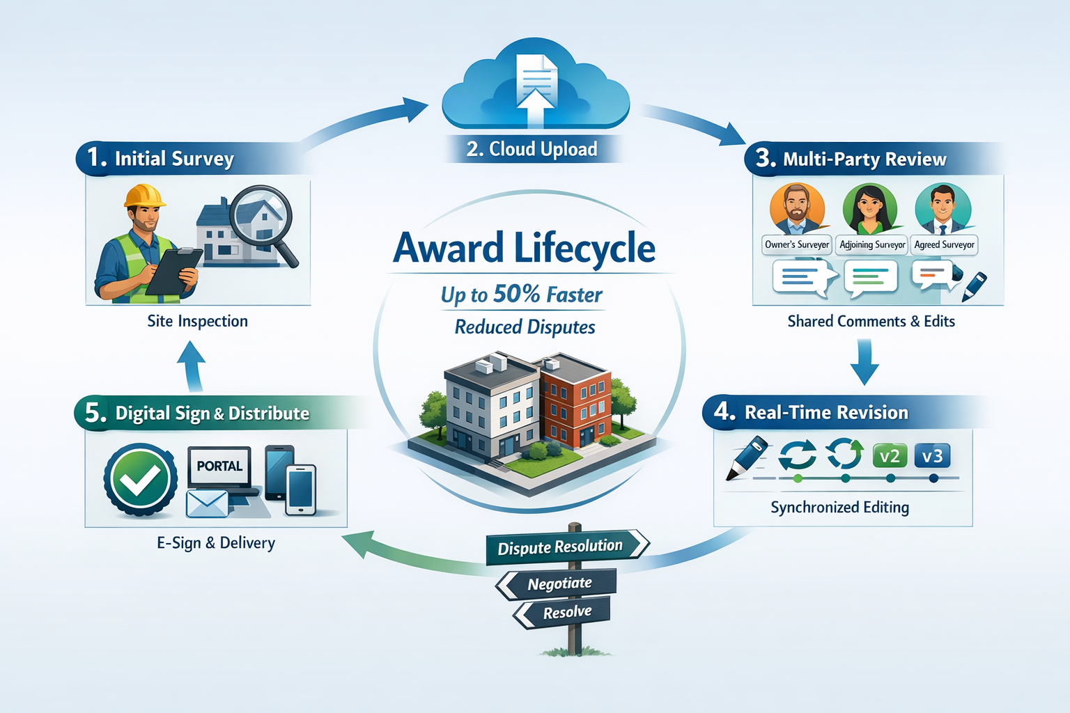 () detailed workflow diagram showing real-time collaboration process for party wall awards with five connected stages in