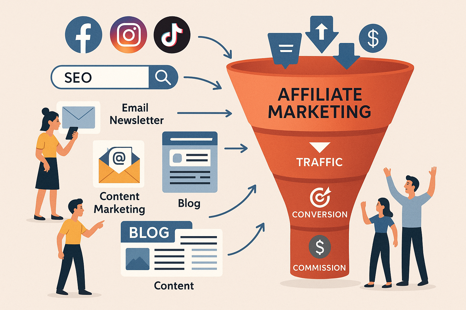 A detailed illustration showing a multi-channel digital marketing ecosystem converging into an affiliate marketing funnel. Visual elements i
