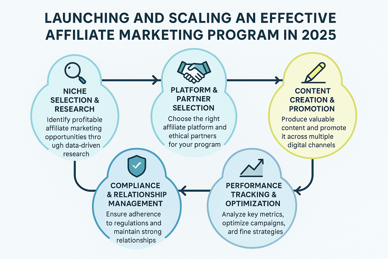An infographic detailing the strategic steps for launching and scaling an effective affiliate marketing program in 2025, with a focus on dat