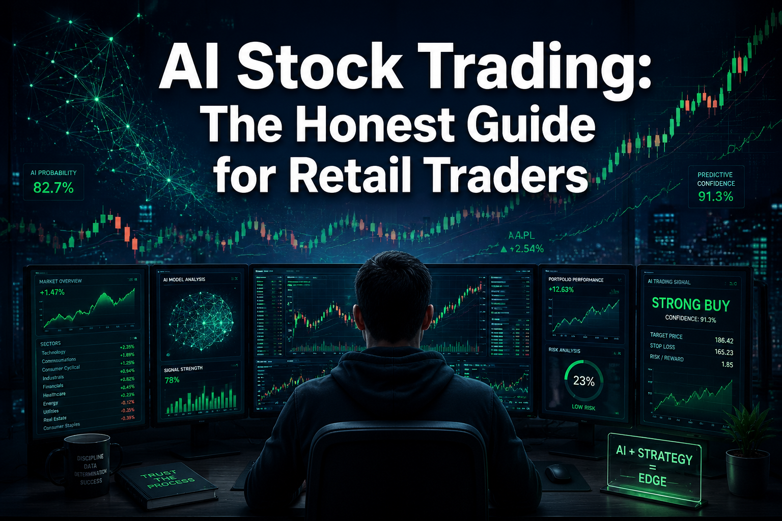 Professional () hero image with : 'AI Stock Trading: The Honest Guide for Retail Traders' in extra large white with deep ,