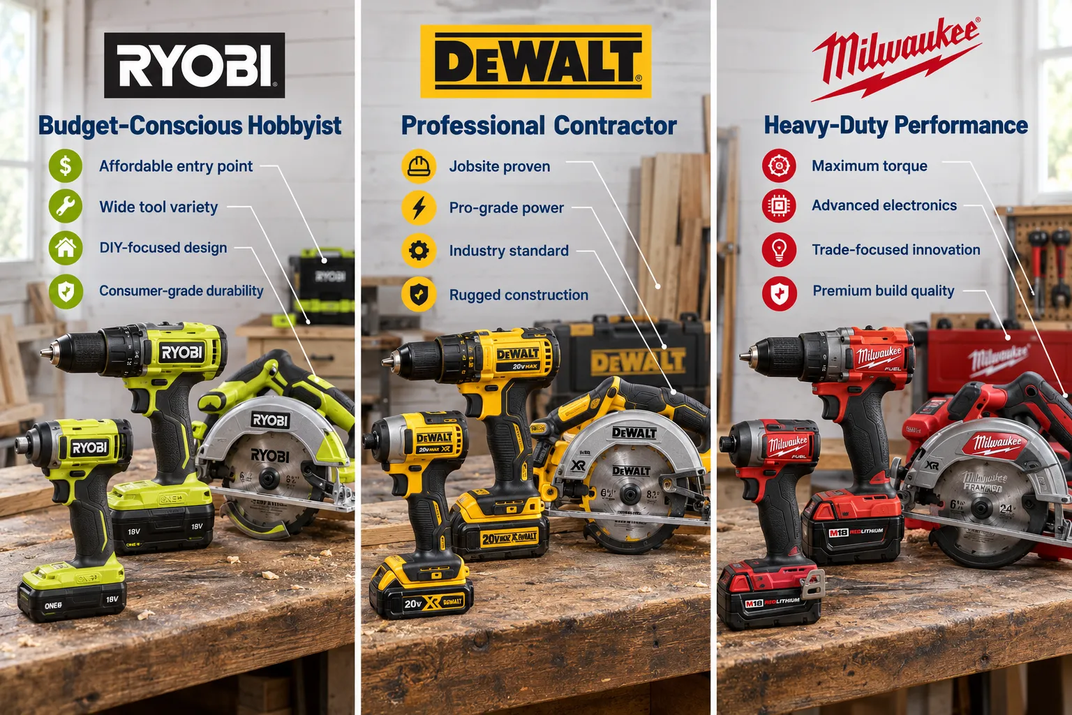 Ryobi vs. DeWalt vs. Milwaukee: Understanding Each Brand's Niche for Woodworking