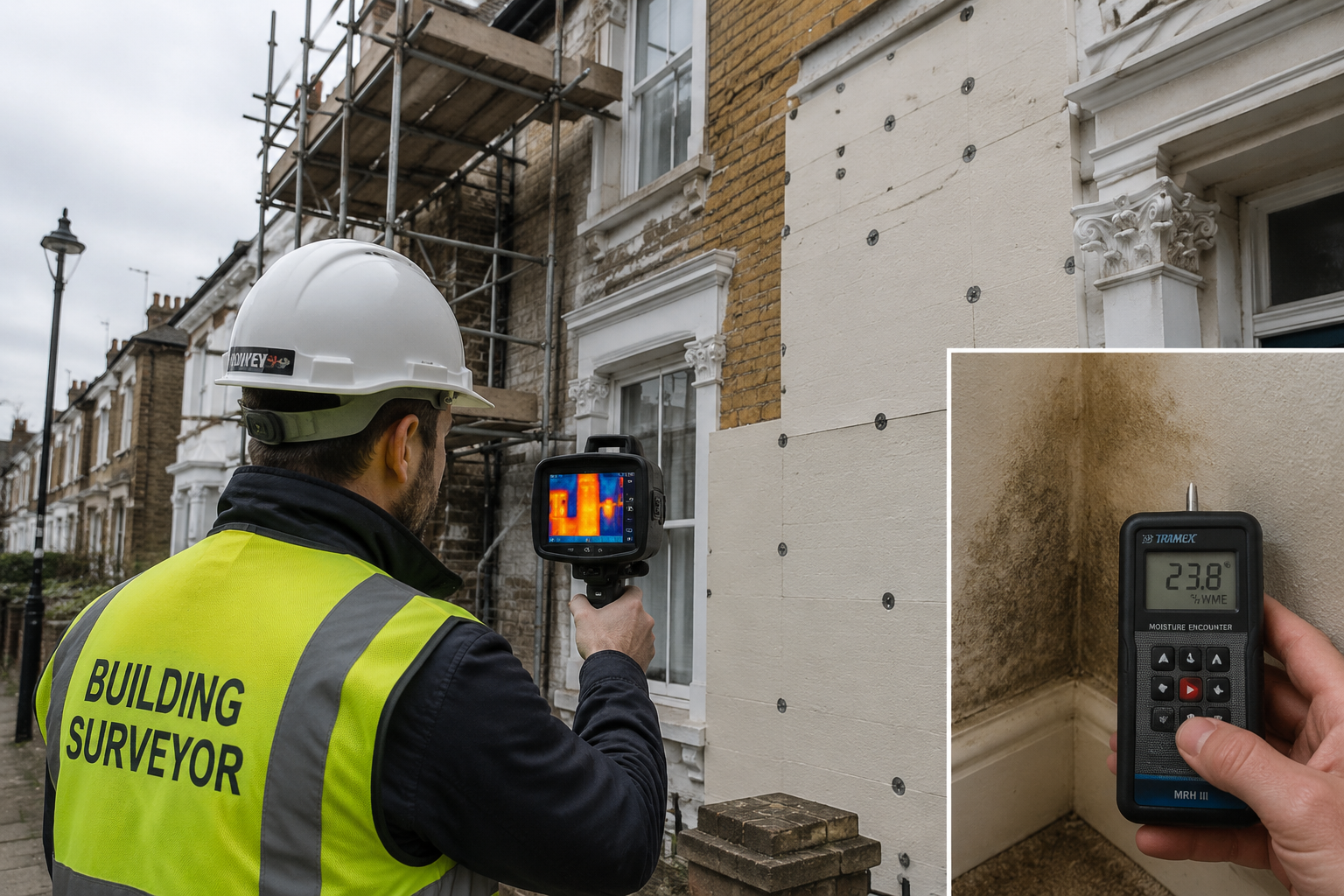 Wide-angle editorial photograph of a professional building surveyor in a hard hat and hi-vis vest using a thermal imaging