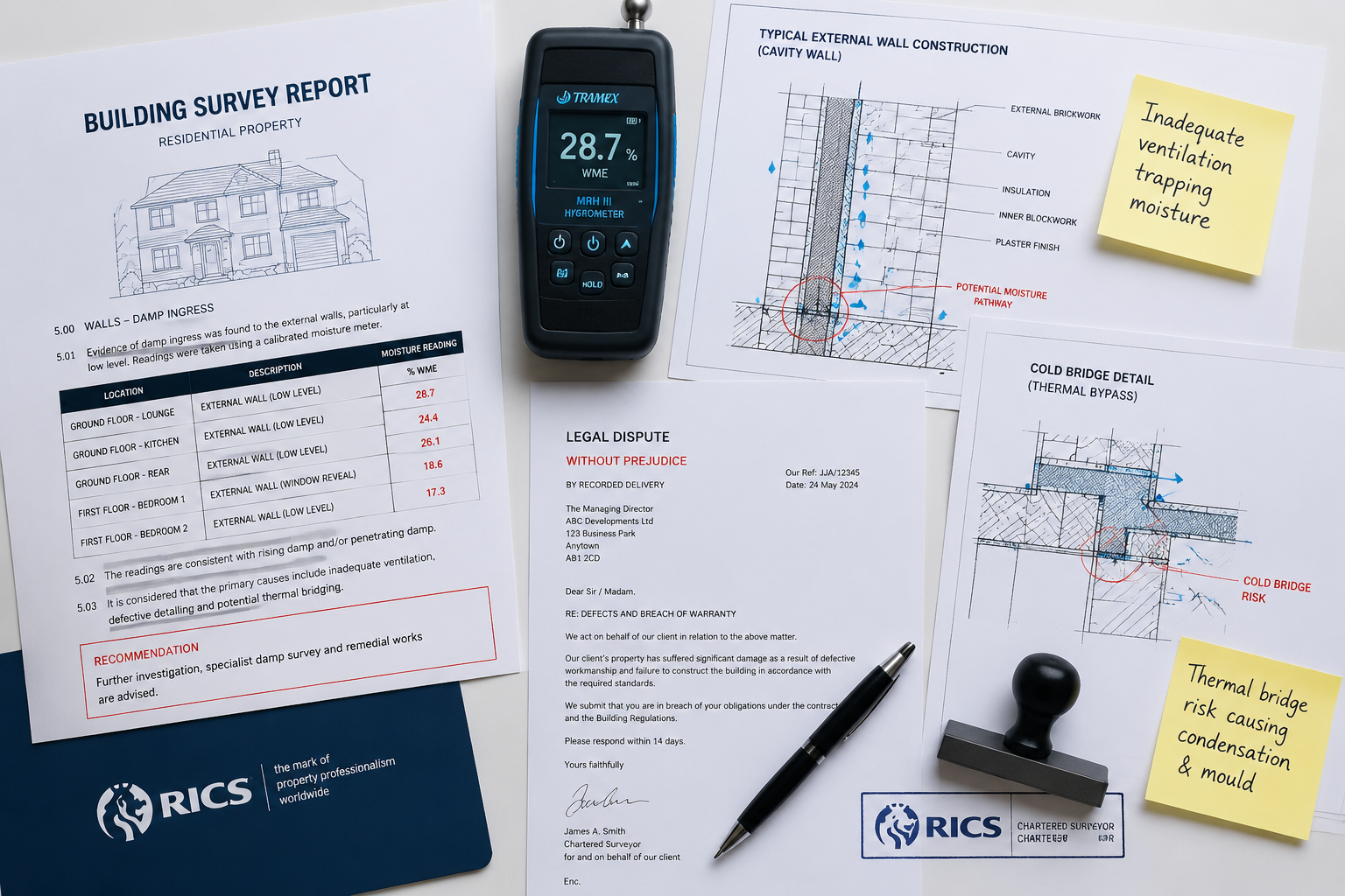 Overhead flat-lay editorial composition on a clean white desk showing a building survey report with damp readings