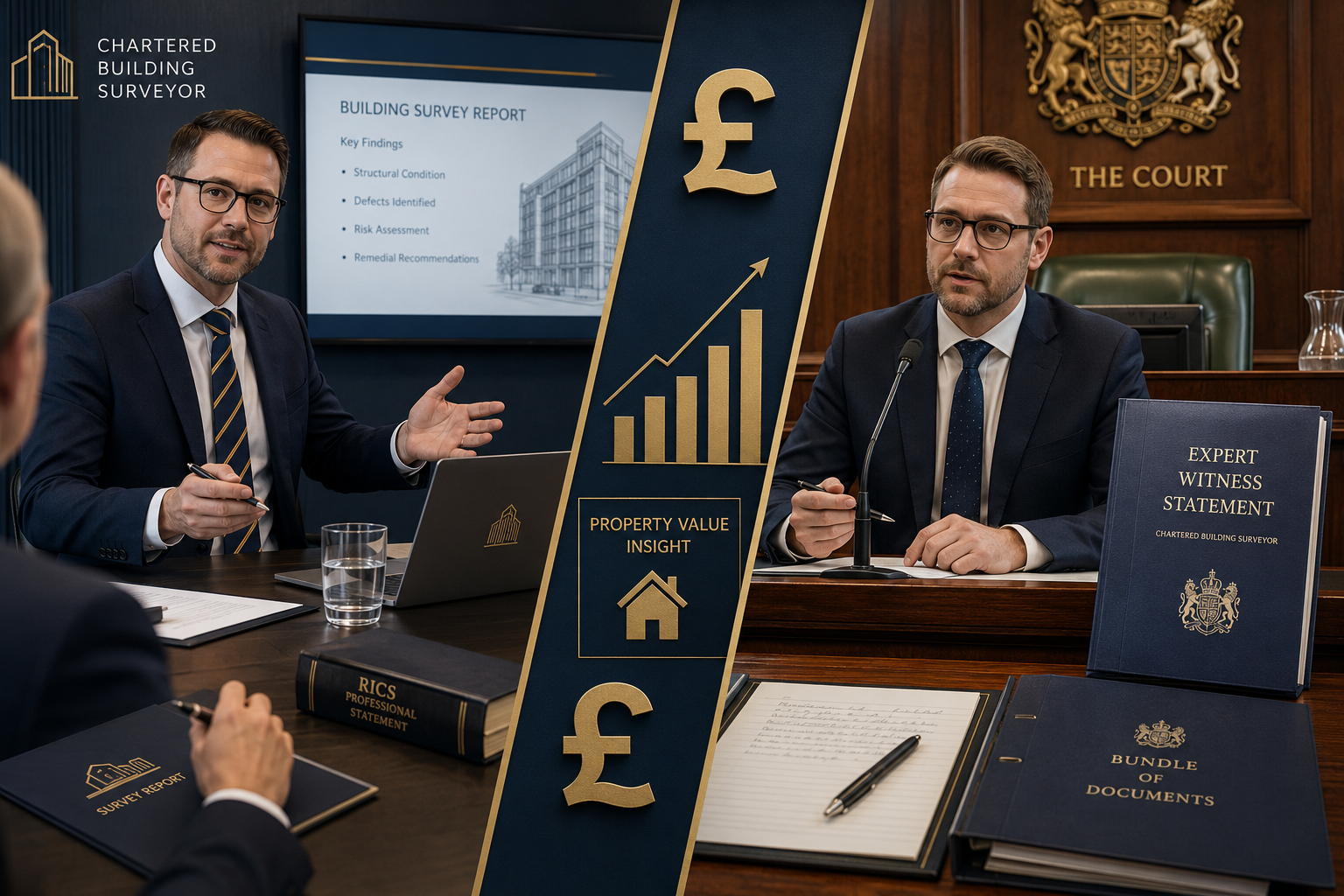 Split-panel editorial infographic-style image: left panel shows a confident chartered building surveyor presenting findings