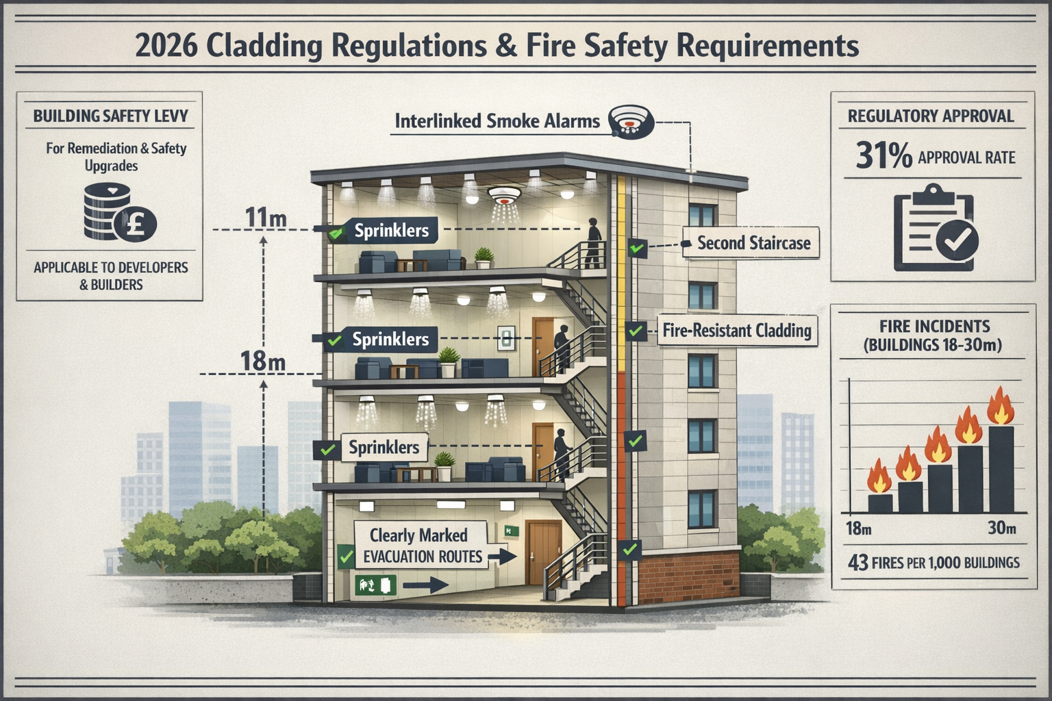 Comprehensive landscape format (1536x1024) infographic illustrating 2026 cladding regulations and fire safety requirements for residential b