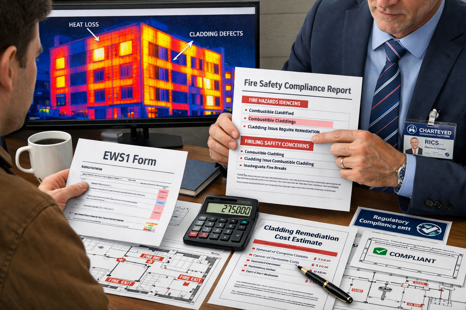 Practical landscape format (1536x1024) scene showing property buyer consultation with chartered surveyor reviewing fire safety compliance re