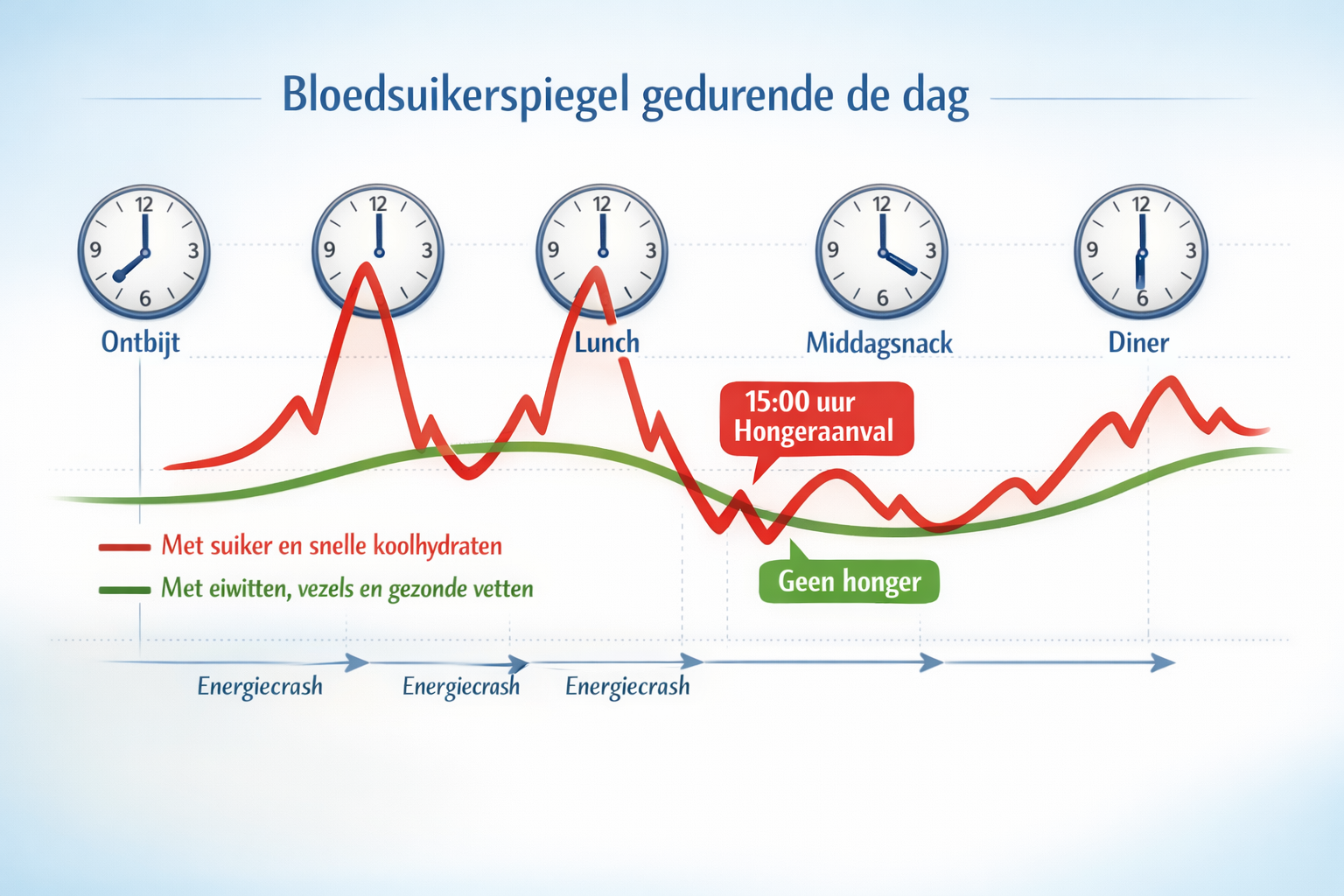 Landscape format (1536x1024) detailed infographic showing blood sugar stabilization curve throughout the day, comparing two lines: unstable
