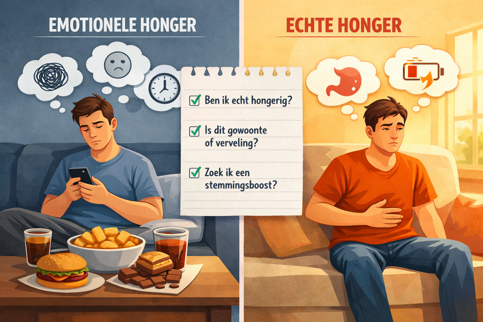 Landscape format (1536x1024) split-screen comparison visual showing 'Emotionele Honger vs Echte Honger' with two contrasting scenes. Left si