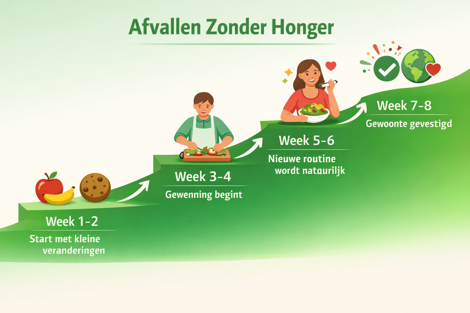 Landscape format (1536x1024) visual timeline showing gradual habit formation over 8 weeks for afvallen zonder honger, presented as ascending