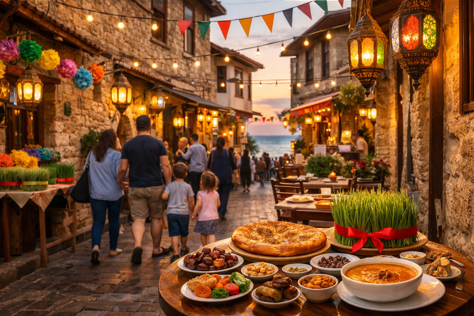 Detailed () editorial photograph of a bustling Antalya old town (Kalei&ccedil;i) street scene during spring festival season,