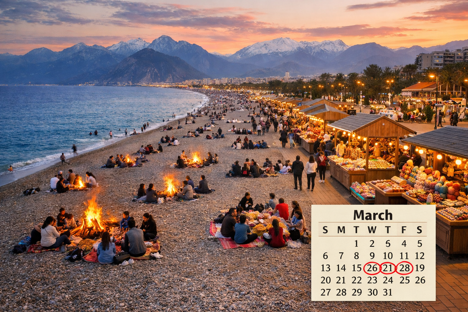 Detailed () aerial view of Konyaaltı Beach in Antalya during a mild spring day, showing beachgoers near small Nowruz