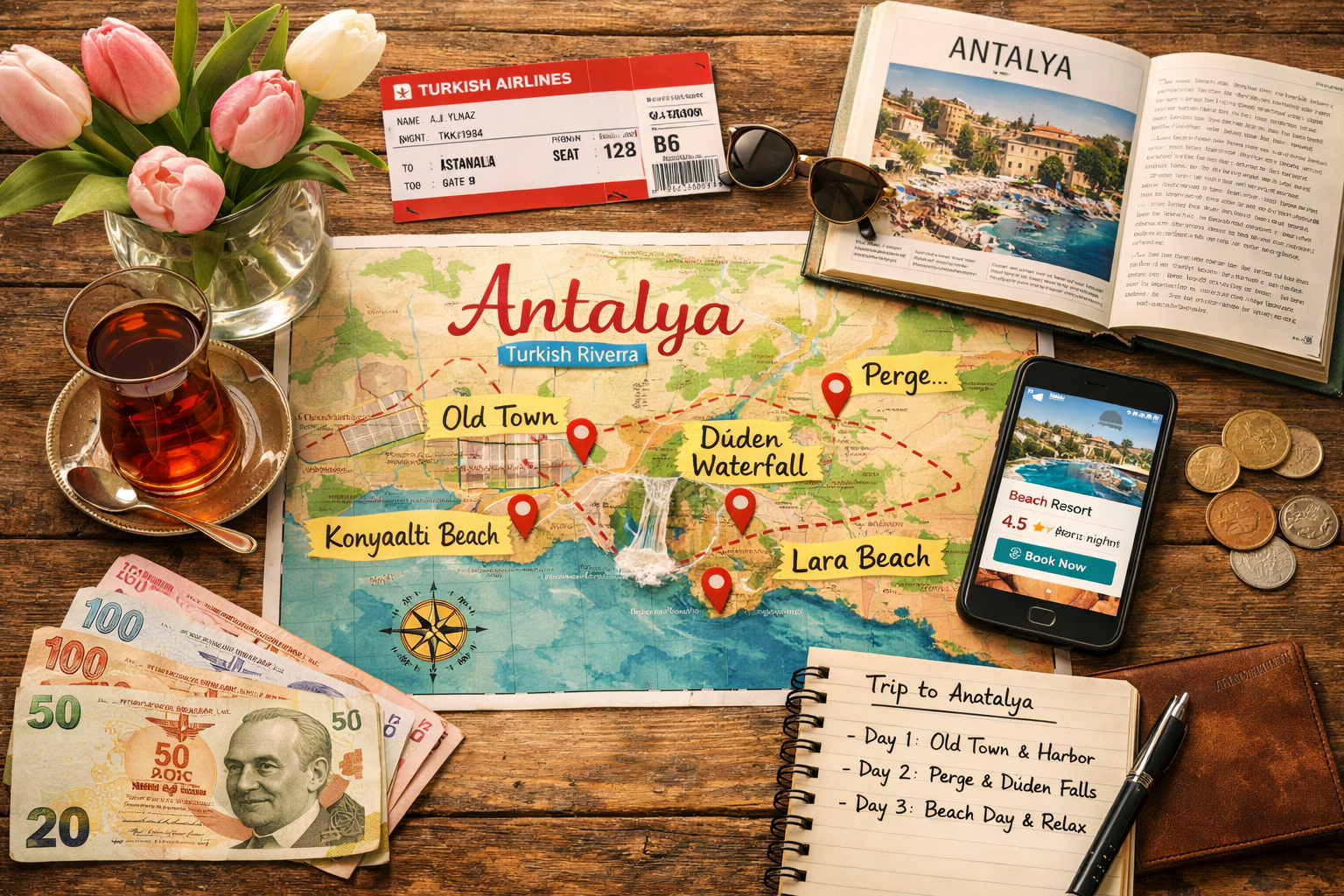 Detailed () flat-lay style travel planning scene on a rustic wooden table featuring a printed Antalya map with marked