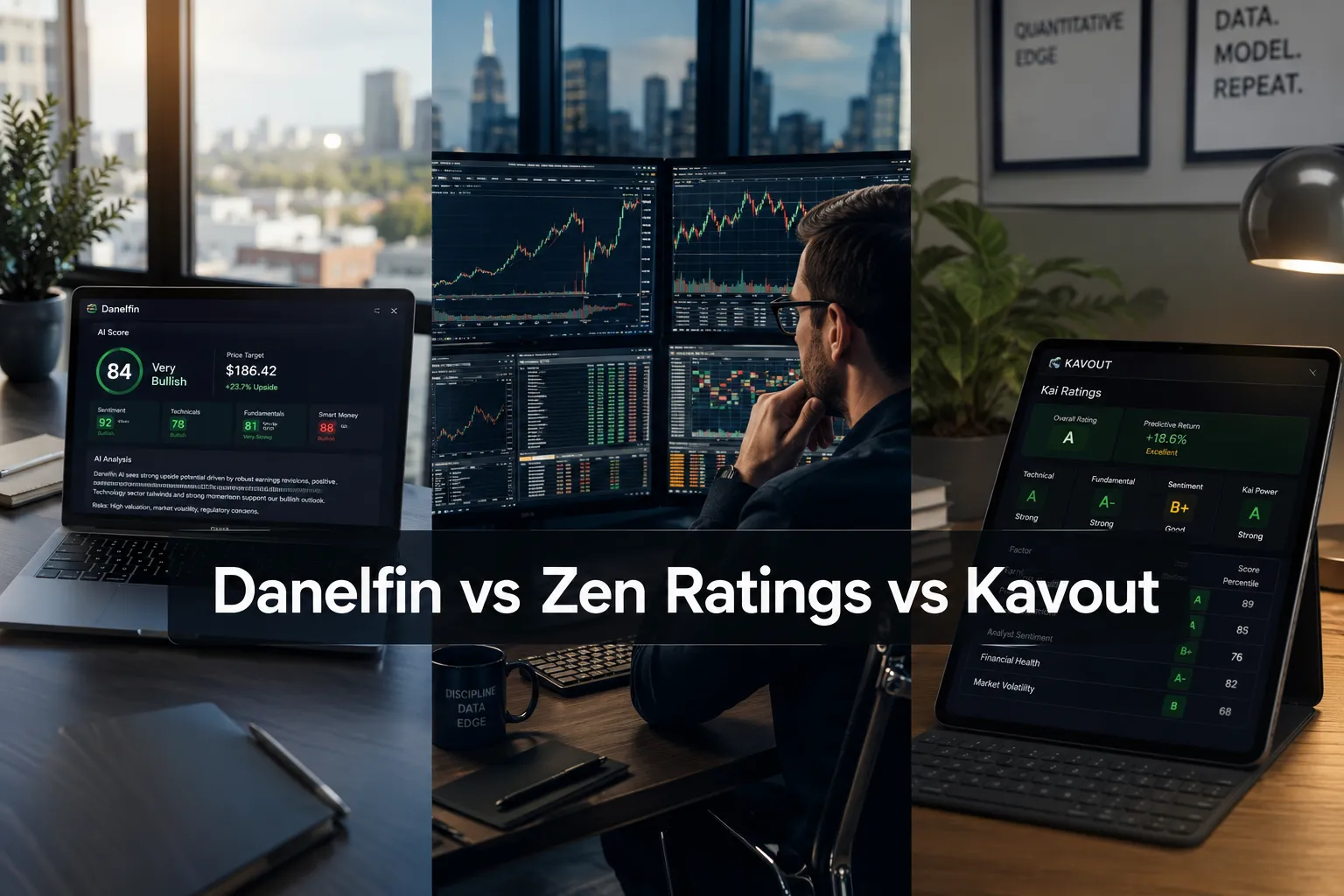 Professional () hero image with (≤42 chars): 'Danelfin vs Zen Ratings vs Kavout' in crisp white on a dark semi-transparent