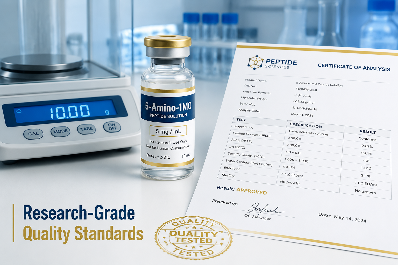 () flat-lay product photography style image showing a sterile injectable vial of 5-Amino-1MQ peptide solution on a clean