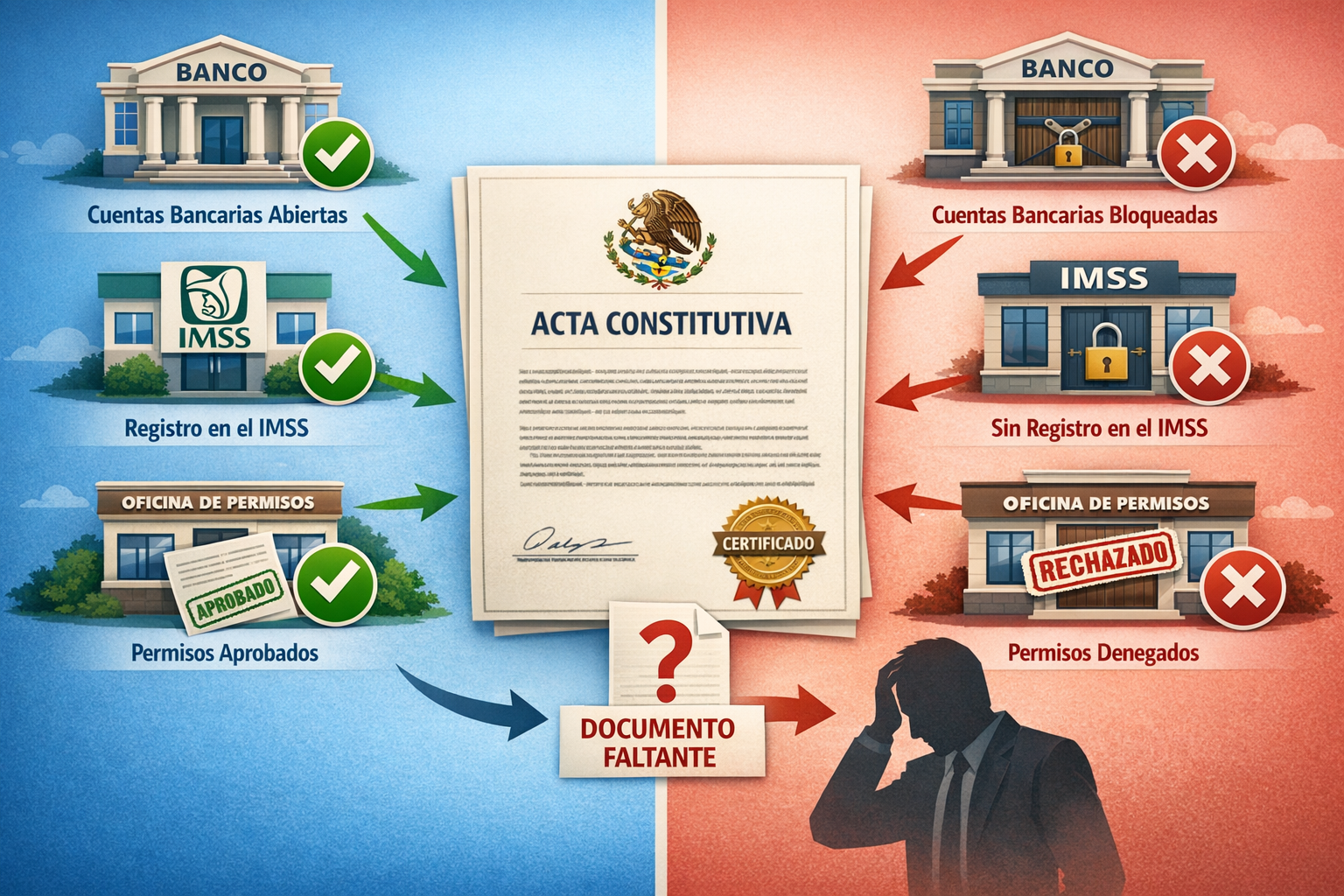 Landscape format (1536x1024) detailed infographic showing blocked business processes due to missing acta constitutiva. Split-screen composit