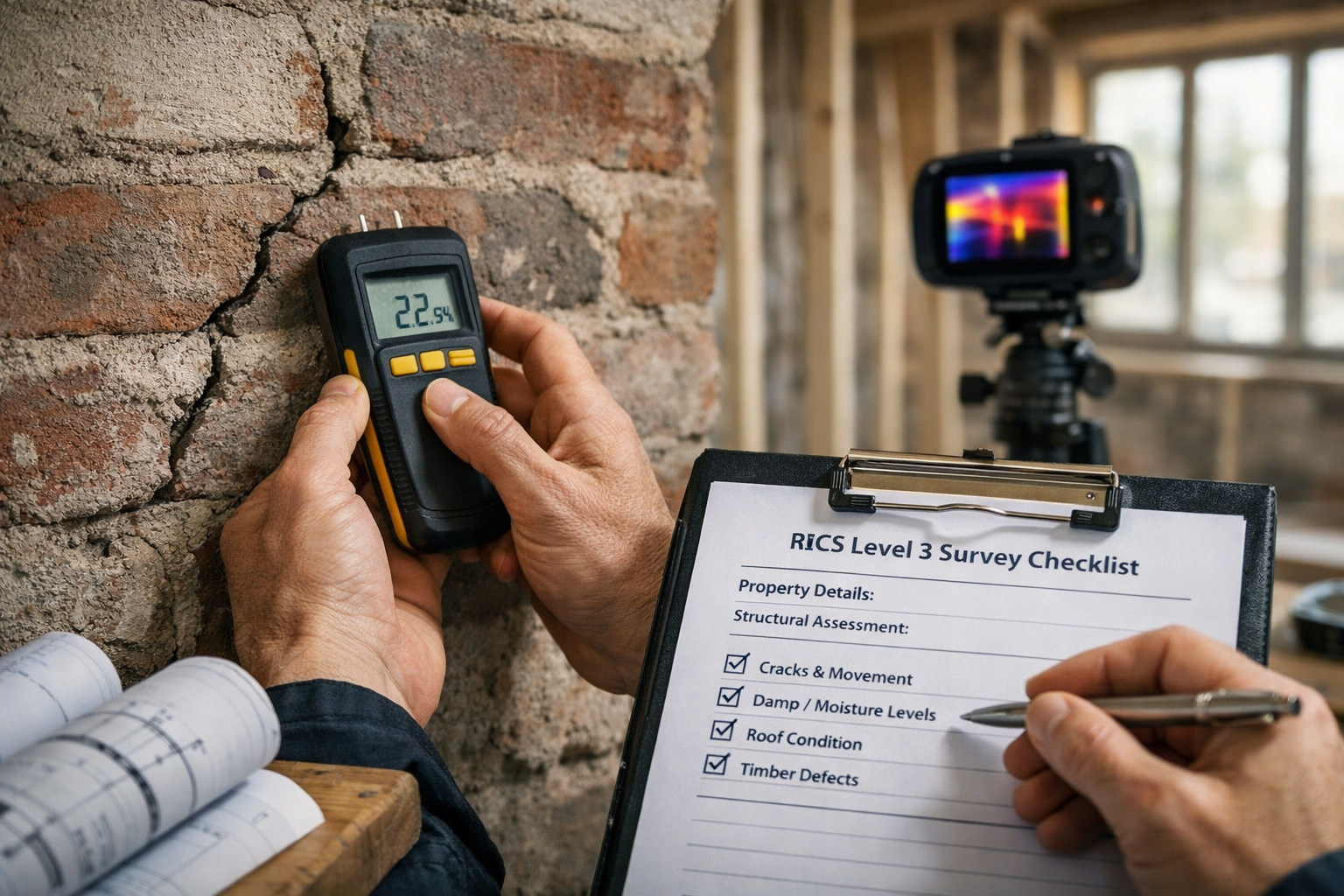 Detailed () image showing professional surveyor conducting detailed structural inspection inside build-to-rent property