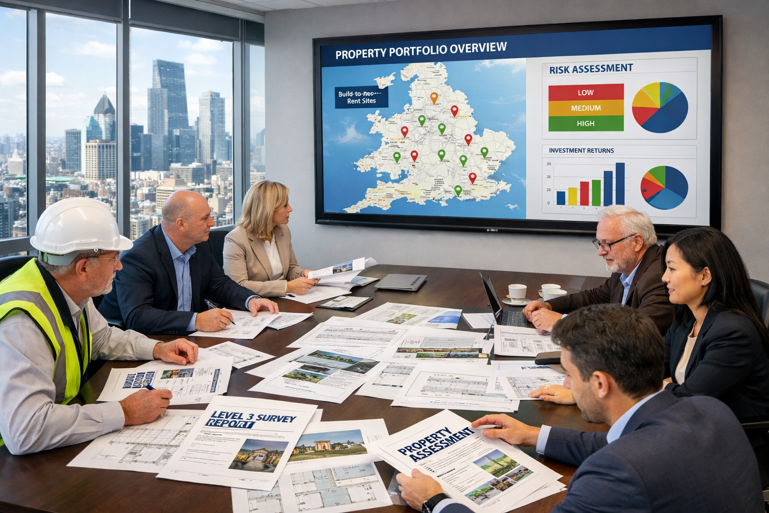 Wide-angle () image of institutional investment portfolio review meeting, large conference table with multiple stakeholders