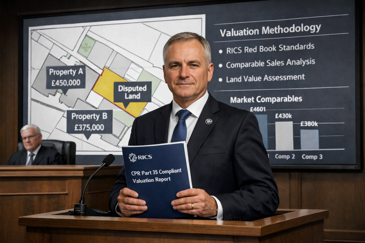 () editorial illustration showing a RICS-certified expert witness surveyor in formal attire standing at a courtroom witness