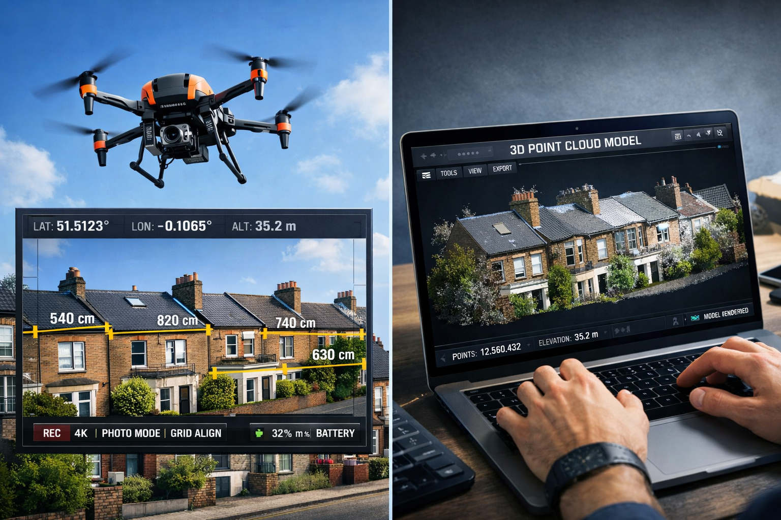 () technical infographic-style image showing a professional-grade survey drone hovering at low altitude over a row of