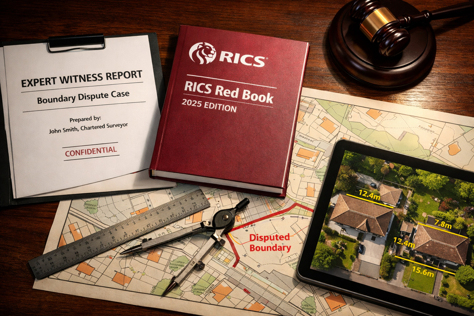 () close-up overhead flat-lay composition on a dark mahogany legal desk showing: a formal expert witness boundary dispute